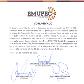 Comunicado de Contratacion Nº01-2023-EMUFEC